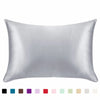 A square, smooth silver satin pillowcase shown flat against a white background.
