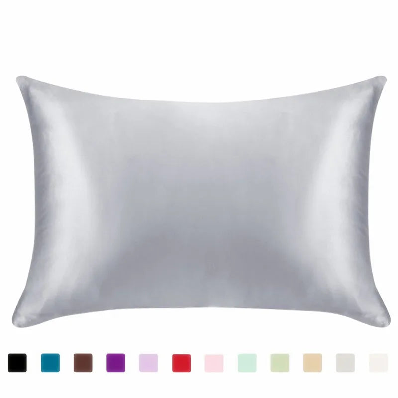 A square, smooth silver satin pillowcase shown flat against a white background.