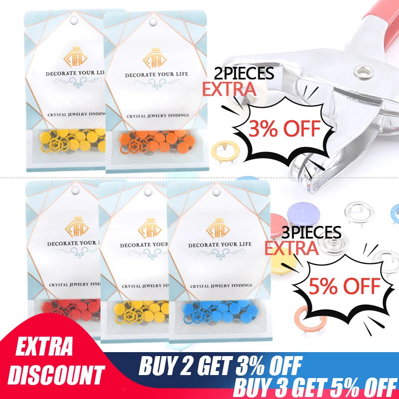 A set of heavy duty metal snap fastener kits with various sizes and colors for decoration.