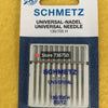 A package of SCHMETZ universal sewing machine needles, model 130/705 H, for sewing machines.