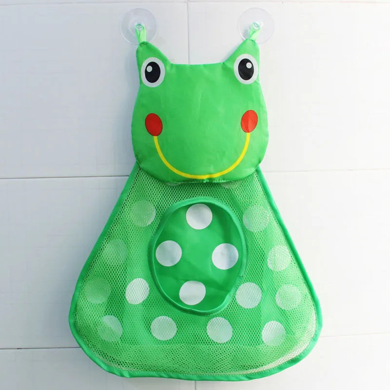 A bright green duck frog bath toy with large eyes and a perforated base for bathing.