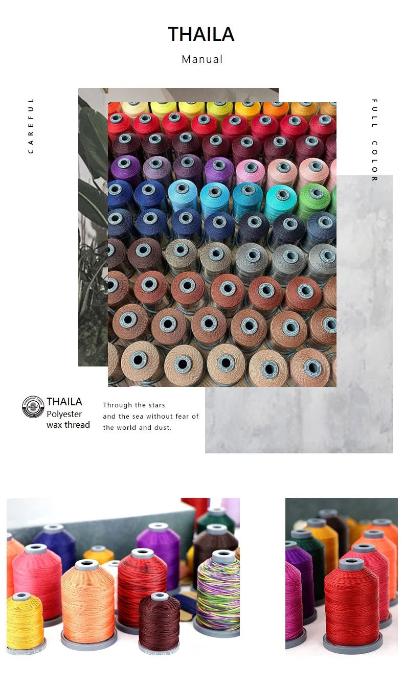 A collection of various colored and textured wax threads and embroidery cords are displayed in a row.