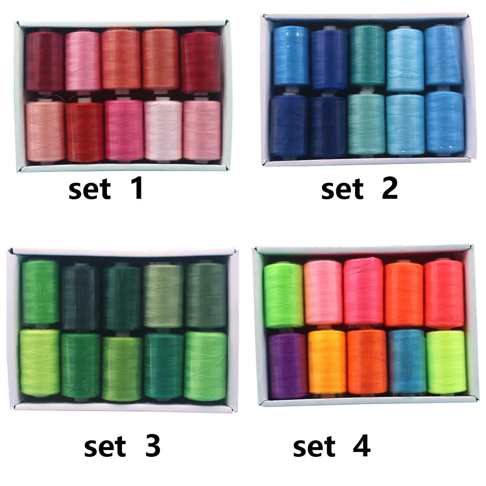 Four sets of 10-color polyester sewing thread spools arranged in separate compartments.