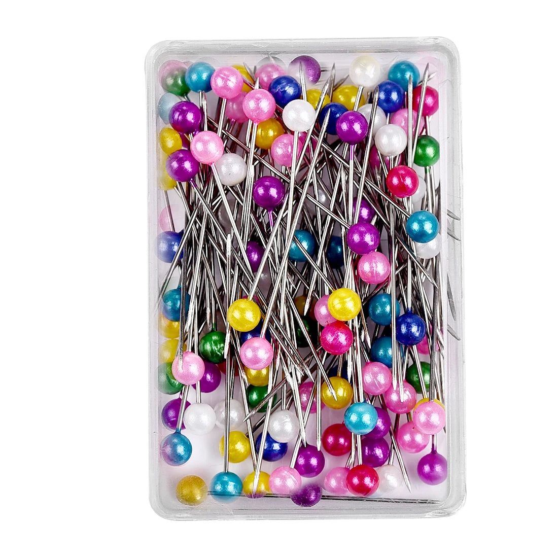 A clear plastic container filled with 100 colorful pearl head sewing pins in various shades of pink, purple, blue, and green.