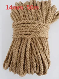 A bundle of natural hemp jute rope in a light tan color, measuring 14mm thick and 50 meters long.