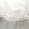 White luxury ruffle duvet cover with delicate lace trim for a king bed.
