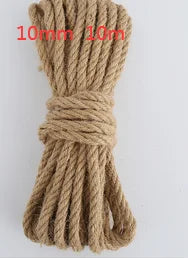 A bundle of natural hemp jute rope in a light tan color, tied into a thick cord.