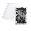 A clear plastic container holds a pack of black pearl head sewing pins for dressmaking and DIY projects.