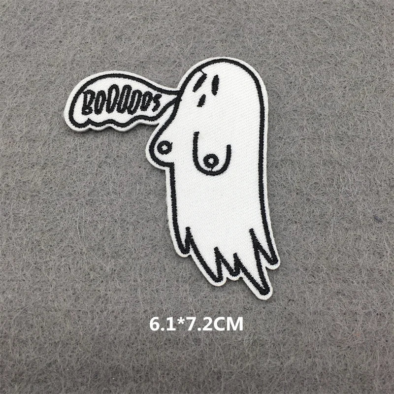 White embroidered patch of a ghost with the word BOODLOOS above its head