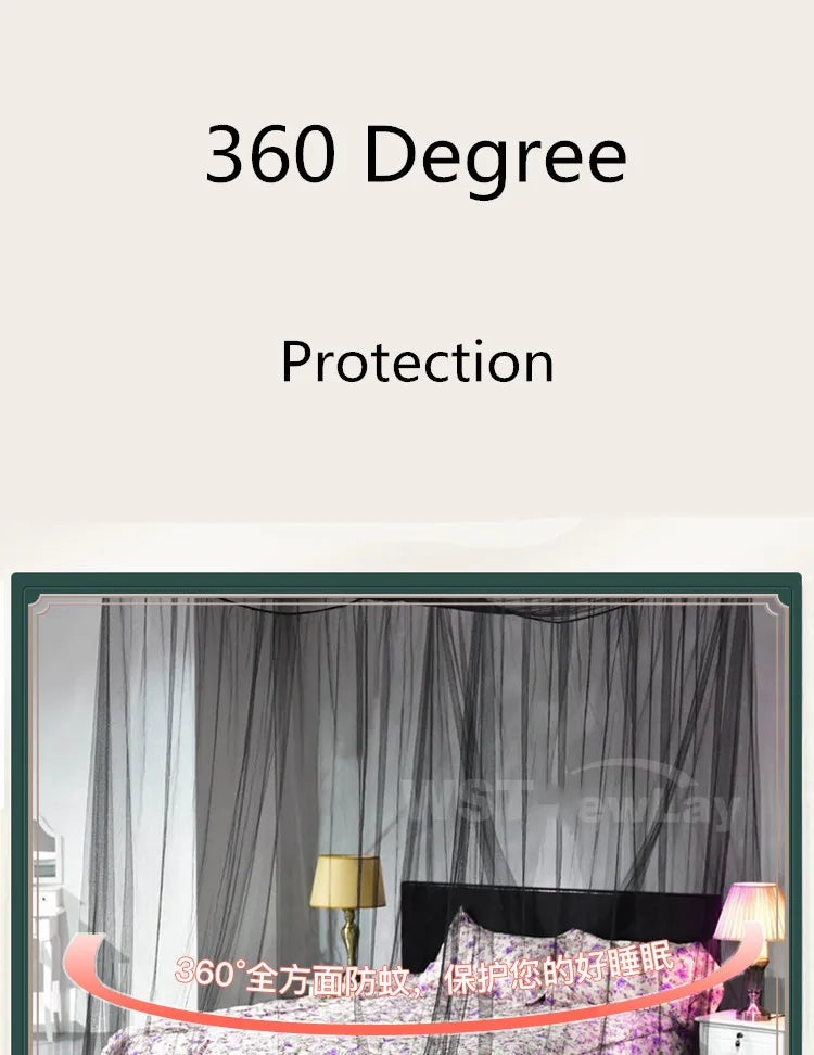 A mosquito net bed canopy is shown protecting a bed with purple bedding and sheer curtains.