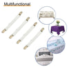 Multifunctional adjustable bed sheet grippers and fasteners shown with examples of use on furniture and bedding
