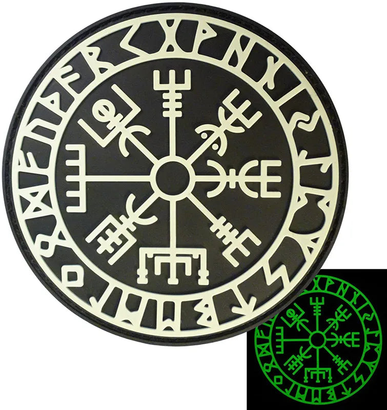 Black embroidered Valknut Viking patch with hook and loop backing featuring Norse symbols.