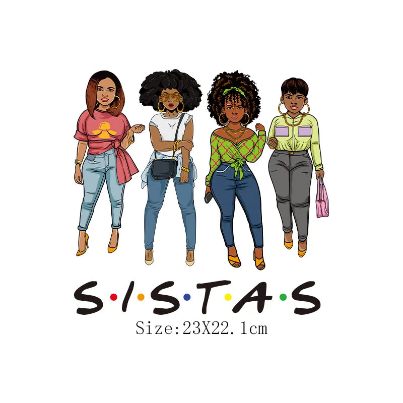 Four women with diverse skin tones wearing casual clothing and jewelry, demonstrating DIY iron-on clothing patches.