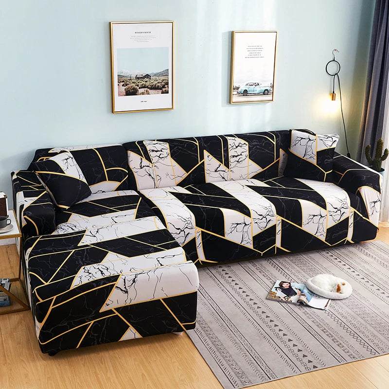 L-shape sofa protector covers featuring a black and white marble pattern on a light blue wall.