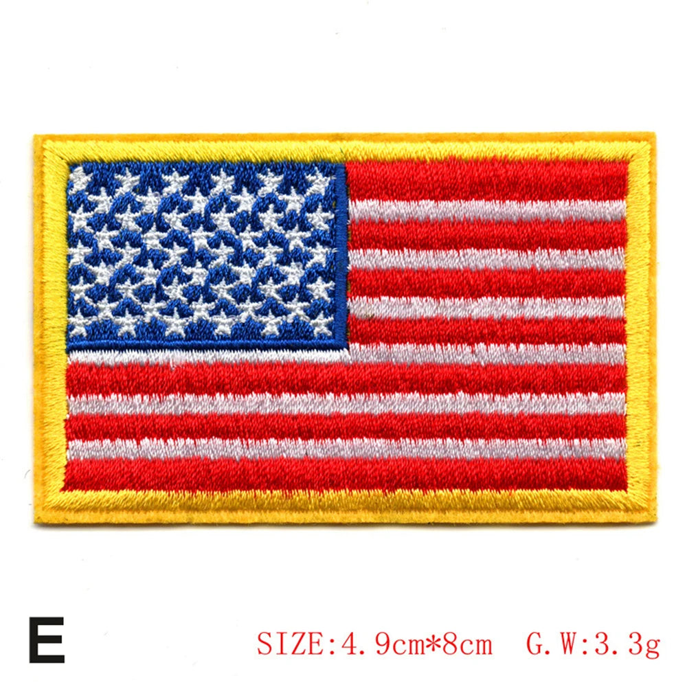 Embroidered American flag patch featuring red, white, and blue stripes and stars on a yellow background