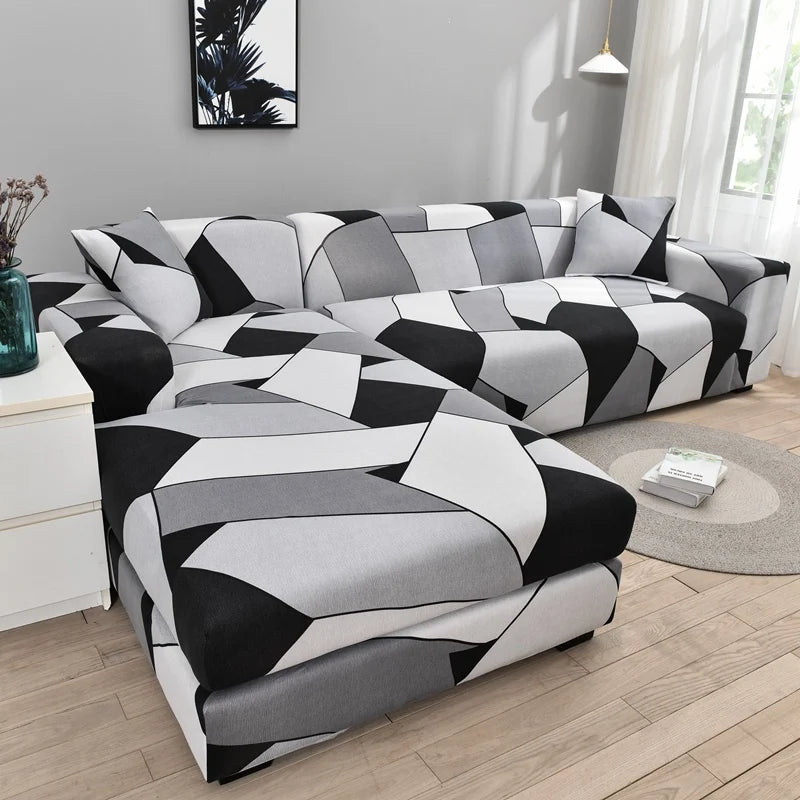L-shaped sofa protector covers in a geometric black and white pattern