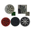 Four embroidered patches featuring Viking Valknut symbols in black, red, and green on fabric.