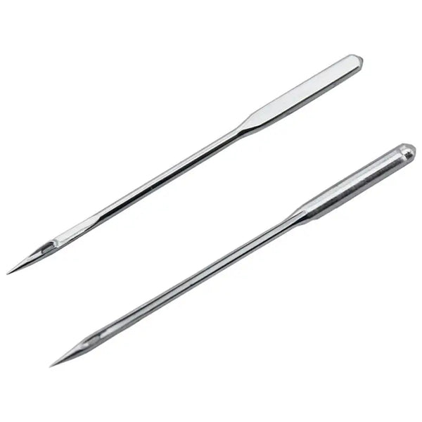 A pair of silver universal sewing machine needles shown diagonally against a white background.