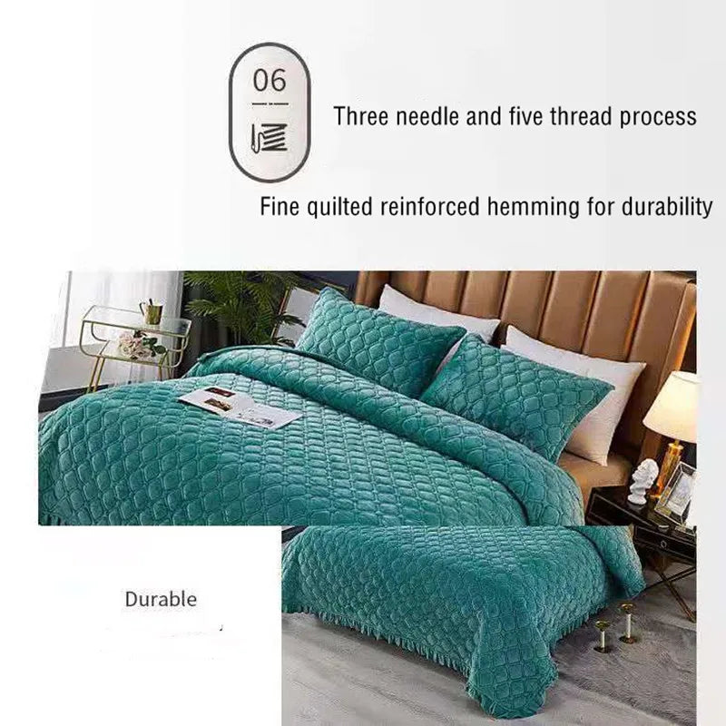 Teal crystal velvet quilted bedding featuring three needle and five thread reinforced hemming for durability