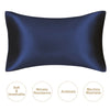 A dark blue mulberry silk satin pillowcase shown flat, highlighting its smooth texture and luxurious sheen.