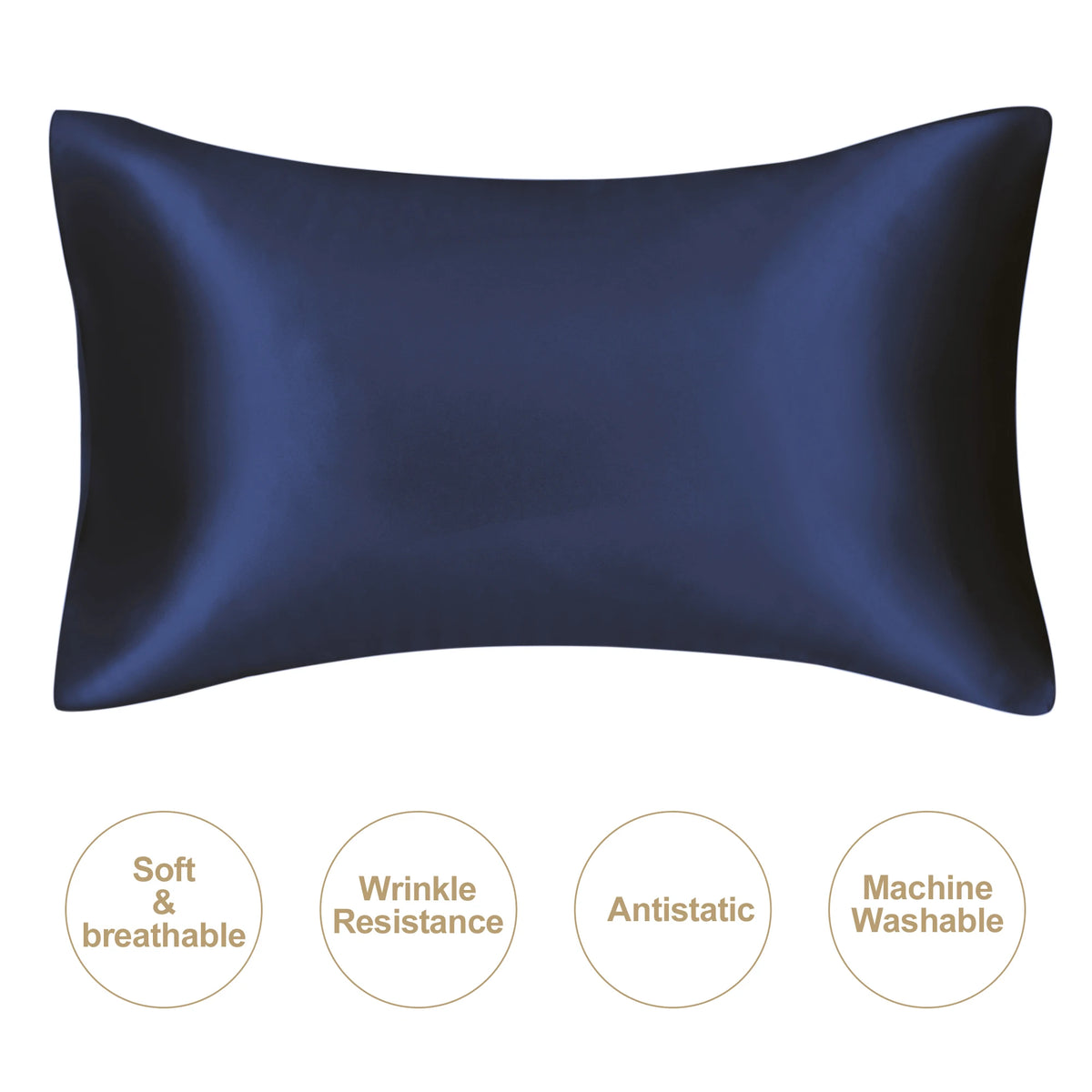 A dark blue mulberry silk satin pillowcase shown flat, highlighting its smooth texture and luxurious sheen.