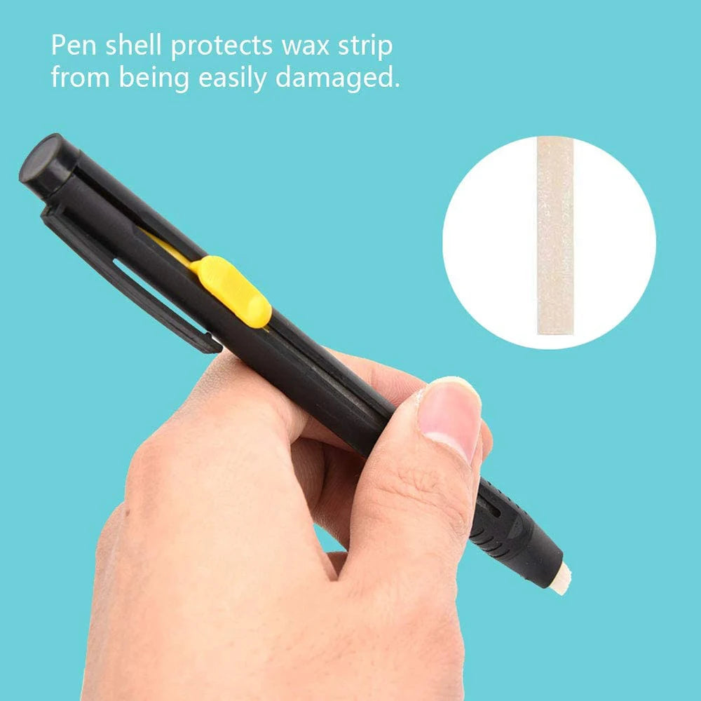 A hand holds a black pen with a yellow tip, demonstrating how the pen shell protects wax strip from damage.