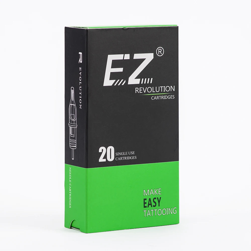 A black and green box of EZ Revolution cartridges for tattoo needles.