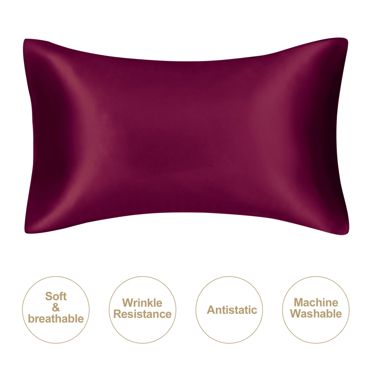 A smooth, deep plum colored satin pillowcase shown flat.