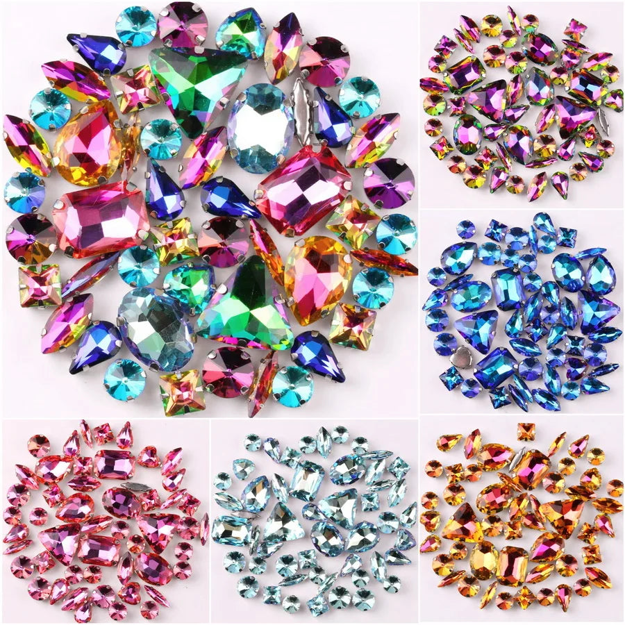 A collection of 50 silver claw rhinestones and various colored crystals in a decorative set.