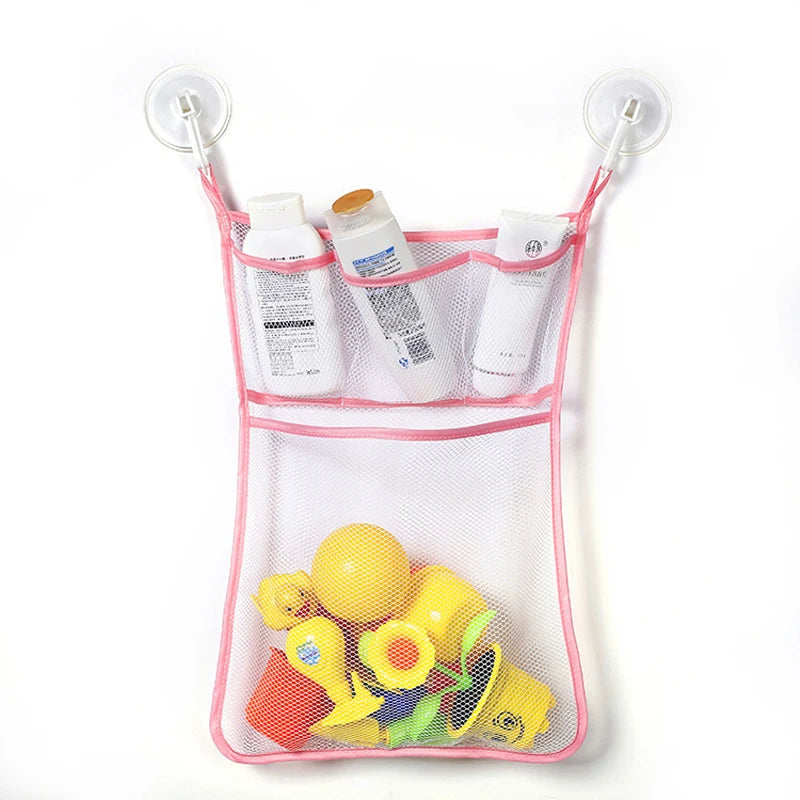A pink mesh bag filled with yellow and orange duck frog bath toys for kids.