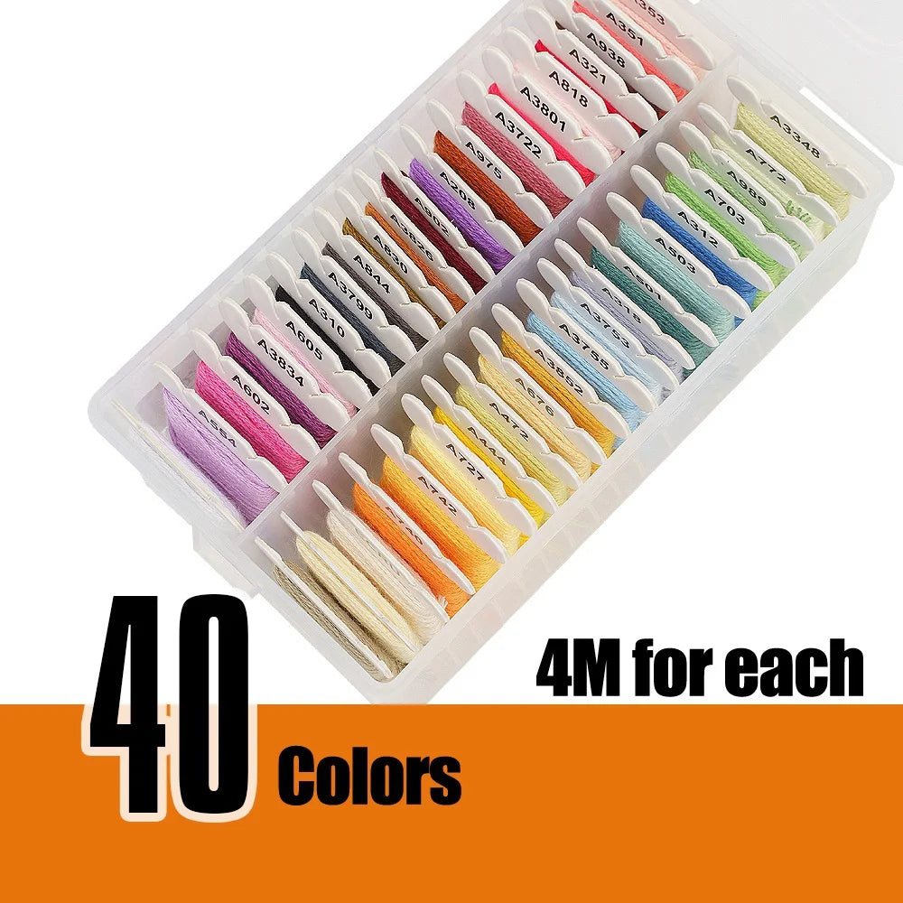 A box containing 40 colors of embroidery floss threads for professional use.
