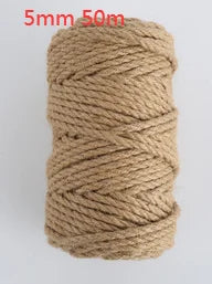 A spool of natural hemp jute rope, 5mm thick and 50 meters long.