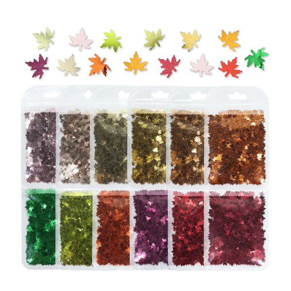 A collection of colorful, sparkly resin glitter fillers in various leaf shapes and colors for epoxy art.