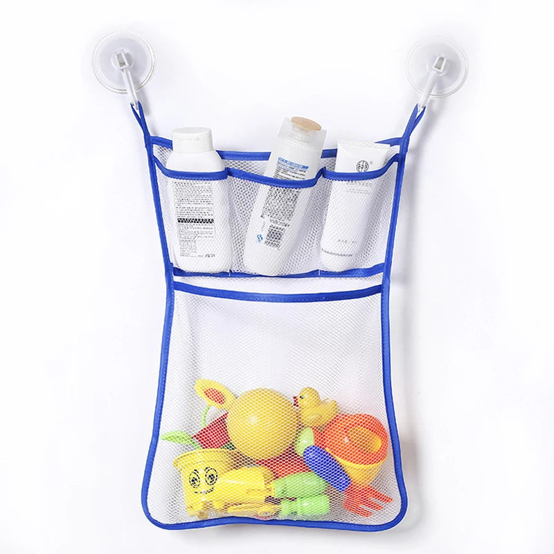 A mesh storage bag filled with yellow and orange duck frog bath toys for kids.