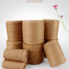 A stack of natural hemp rope in various sizes and colors, used for home decor and crafting.