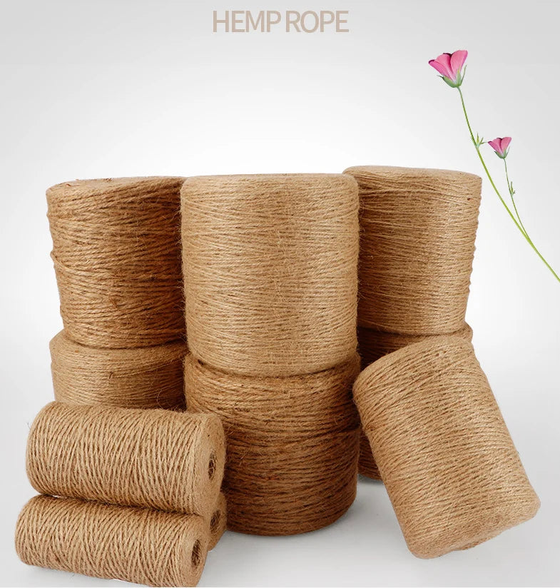 A stack of natural hemp rope in various sizes and colors, used for home decor and crafting.