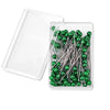 A clear plastic container holds a pack of 100 green pearl head sewing pins.