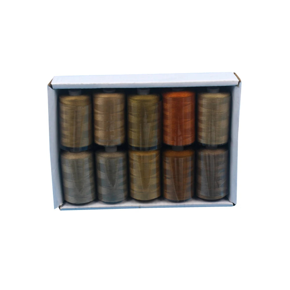 A box containing ten spools of polyester sewing thread in various colors.