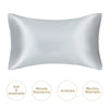 A smooth, silver-gray satin pillowcase shown from the front.