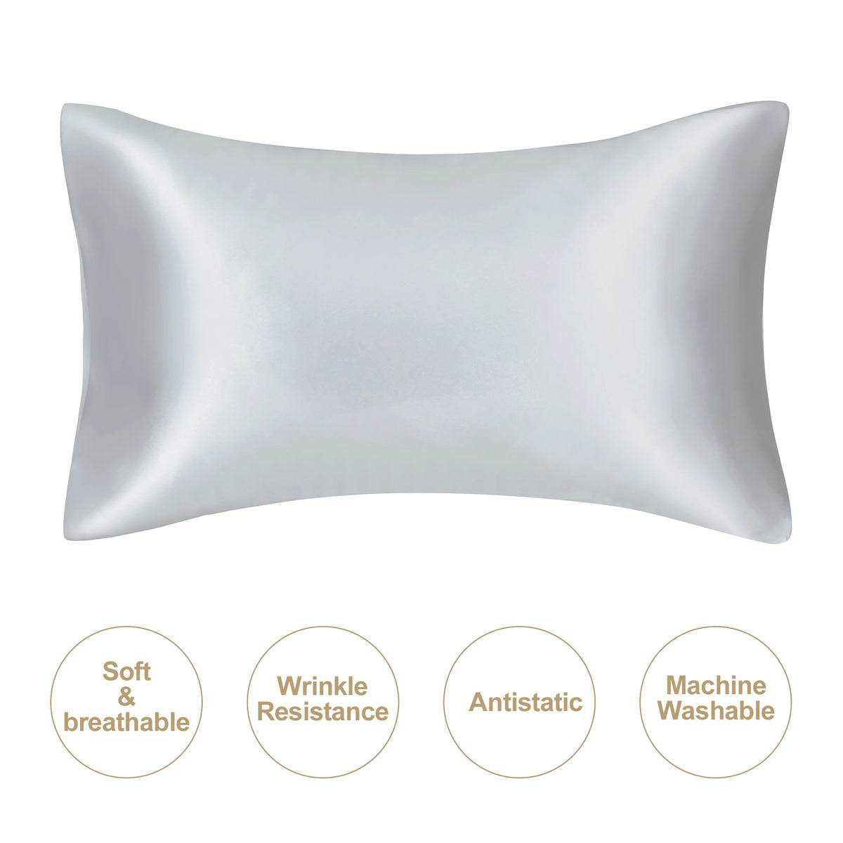 A smooth, silver-gray satin pillowcase shown from the front.