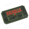 A dark olive green embroidered Viking patch with the text VALHALLA ADMIT ONE stitched in red thread.
