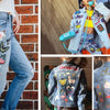 A person wearing a light shirt and jeans is shown next to an orange door, with rainbow embroidered patches visible on the den