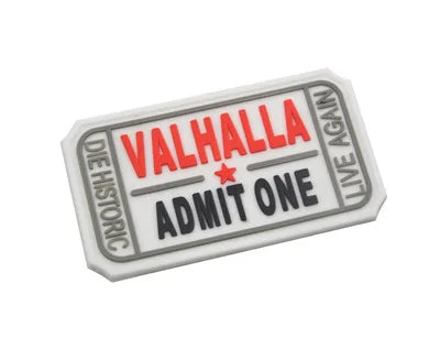 A rectangular white patch with red text reading VALHALLA ADMIT ONE and a star, featuring an embroidered Valknut design.