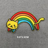 Rainbow embroidered iron-on patch featuring a yellow cat silhouette on a multicolored rainbow background.