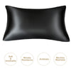 Black mulberry silk satin pillowcase shown flat with features like soft breathable wrinkle resistance and antistatic properti