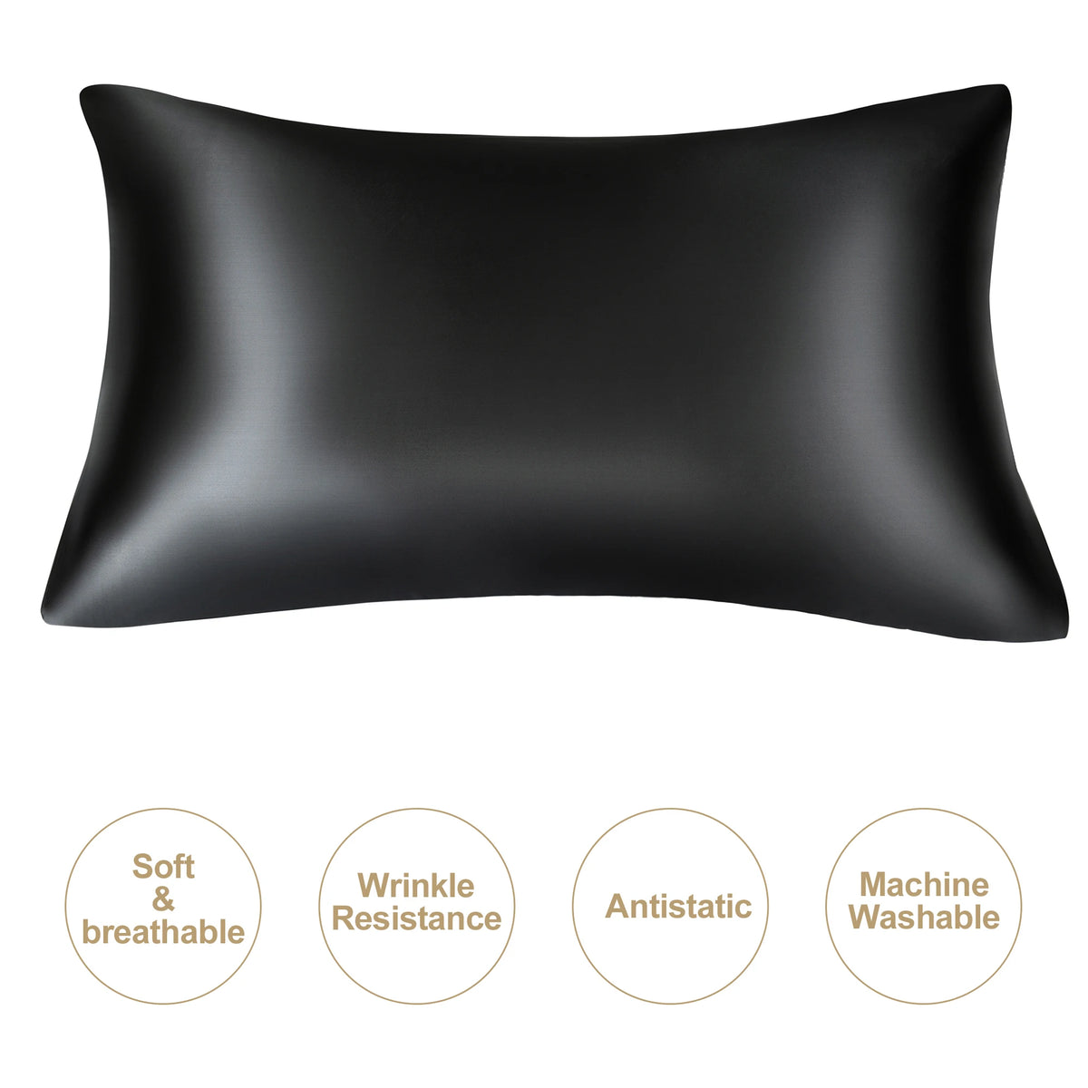 Black mulberry silk satin pillowcase shown flat with features like soft breathable wrinkle resistance and antistatic properti