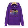Purple hoodie featuring a graphic of five diverse women with the text SISTAS printed on the chest.