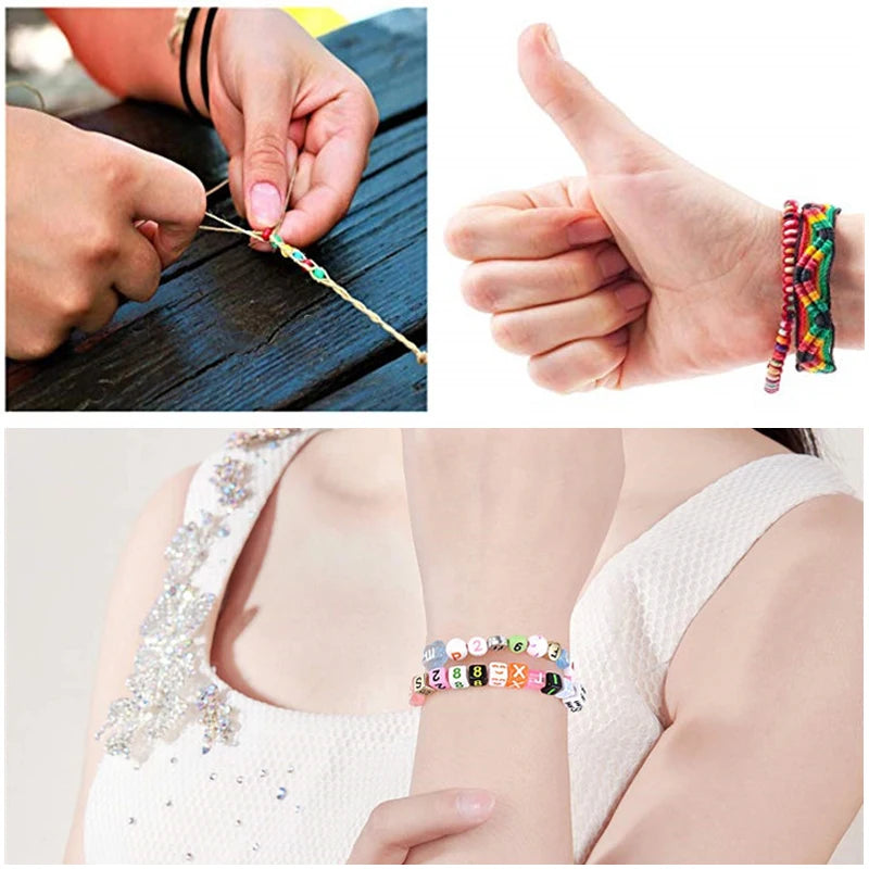 Hands are shown using embroidery floss on a wooden surface and a wrist wearing a colorful beaded bracelet.