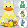 A yellow duck bath toy with a green frog toy and a blue bird toy inside