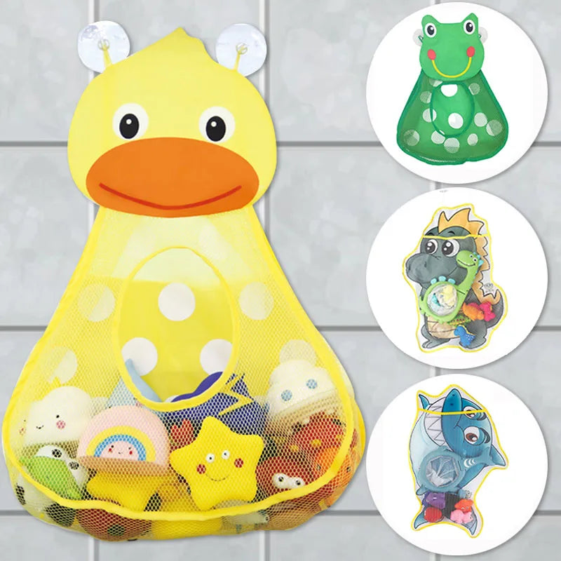 A yellow duck bath toy with a green frog toy and a blue bird toy inside